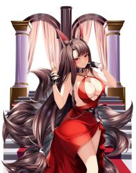 Rule 34 | 1girl, absurdres, akagi (azur lane), akagi (ruby-laced beauty) (azur lane), animal ears, artist request, azur lane, black gloves, blush, breasts, brown hair, brown tail, champagne flute, choker, cleavage cutout, clothing cutout, cocktail dress, cup, dress, drinking glass, feather boa, finger in own mouth, fingerless gloves, gloves, highres, jewelry, kitsune, large breasts, light smile, looking at viewer, multiple tails, nipple slip, nipples, red dress, sakura empire (emblem), stairs, tagme, tail