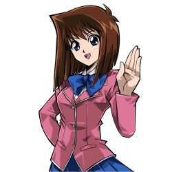 Rule 34 | 1girl, blue eyes, breasts, brown hair, looking at viewer, mazaki anzu, official art, open mouth, school uniform, smile, waving, yu-gi-oh!, yu-gi-oh! duel monsters