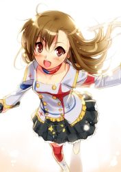 Rule 34 | 1girl, :d, alternate hairstyle, backlighting, blush, boots, brown eyes, brown hair, choker, from above, futami mami, hair down, hair ribbon, idol, idolmaster, idolmaster (classic), idolmaster movie, long hair, looking at viewer, microphone, open mouth, ribbon, smile, solo, standing, sweat, white background, zen