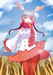Rule 34 | 10s, 1girl, blue hair, breasts, closed mouth, day, eyes visible through hair, frilled sleeves, frills, gradient hair, grass, head tilt, head wings, highres, japanese crested ibis (kemono friends), kemono friends, lens flare, liu lan, long hair, long sleeves, medium breasts, multicolored hair, outdoors, pantyhose, pink hair, pleated skirt, purple hair, red hair, red pantyhose, red ribbon, red skirt, ribbon, shirt, sidelocks, skirt, sky, sleeves past wrists, smile, solo, standing, tail, white shirt, wide sleeves, wings, yellow eyes