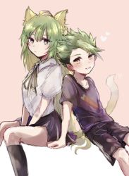 Rule 34 | 1boy, 1girl, achilles (fate), ahoge, alternate age, animal ears, atalanta (fate), black shorts, black skirt, black thighhighs, character request, closed mouth, commentary request, fate/apocrypha, fate (series), green eyes, green hair, hair between eyes, multiple girls, ogura (12pie), shirt, shorts, skirt, tail, thighhighs, white shirt, yellow eyes