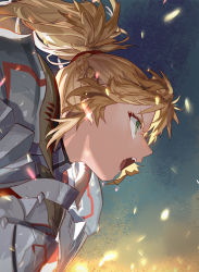 Rule 34 | 1girl, armor, blonde hair, braid, commentary request, emmmerald, fate/apocrypha, fate (series), french braid, green eyes, mordred (fate), mordred (fate/apocrypha), open mouth, ponytail, profile, scrunchie, shouting, sidelocks, solo, teeth