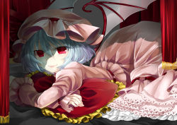 Rule 34 | 1girl, bad id, bad pixiv id, bat wings, dress, frilled dress, frills, hat, light purple hair, lips, lying, mob cap, on stomach, pillow, red eyes, remilia scarlet, shade, smile, tanimo, touhou, wings
