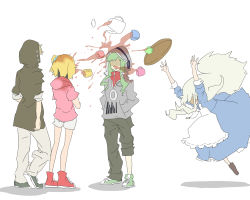 Rule 34 | 1boy, 2girls, artist request, bad id, bad pixiv id, blonde hair, casual, creator connection, cup, dress, hands in pocket, hood, hoodie, kagerou project, kano shuuya, kido tsubomi, kisaragi attention (vocaloid), kisaragi momo, kozakura marry, long hair, mekakushi code (vocaloid), mekakushi cord (vocaloid), multiple girls, pants, plate, shoes, short hair, shorts, side ponytail, silver hair, simple background, souzou forest (vocaloid), tripping, vocaloid