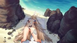 Rule 34 | 1girl, ahoge, animal ears, arched back, areola slip, bad id, barefoot, beach, blonde hair, blush, breasts, closed mouth, fake animal ears, faucre the evil overlord, full body, game cg, gluteal fold, groin, hand on own crotch, hand to own mouth, headband, highres, inactive account, kakiman, large breasts, last origin, leg tattoo, linea alba, long hair, maebari, navel, nude, ocean, official alternate costume, official art, ofuda, ofuda on nipples, ofuda on pussy, outdoors, partially visible vulva, pasties, rabbit ears, rock, shadow, tachi-e, tattoo, thick thighs, thighs, tiptoes, towel, underboob, very long hair, white towel, wide hips, yellow eyes
