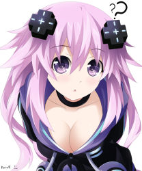 Rule 34 | 10s, 1girl, :o, ?, adult neptune, arms behind back, artist name, bad id, bad pixiv id, blush, breasts, choker, cleavage, d-pad, female focus, hair between eyes, hair ornament, keenh, leaning forward, long hair, looking at viewer, neptune (neptunia), neptune (series), parted lips, pink hair, purple eyes, purple hair, shin jigen game neptune vii, simple background, solo, upper body, white background