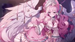 Rule 34 | 1girl, animated, animated gif, blush, bonnet, bow, eve (eversoul), eversoul, feathers, flower, frilled sleeves, frills, game cg, gloves, grey eyes, hair bow, lolita fashion, long hair, non-web source, official art, pink flower, pink hair, pink rose, rose, wings