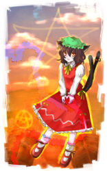 Rule 34 | 1girl, animal ears, bell, brown hair, cat ears, cat girl, cat tail, chen, dress, earrings, female focus, hat, jewelry, kagurazaka iroha, lowres, multiple tails, pentagram, red eyes, ribbon, short hair, solo, tail, tail bell, tail ornament, touhou