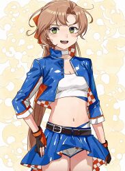 Rule 34 | 1girl, absurdres, akigumo (kancolle), bandeau, belt, black gloves, blue jacket, blue skirt, breasts, brown hair, cropped jacket, gloves, green eyes, hair ribbon, highres, jacket, kanmiya shinobu, kantai collection, long hair, looking at viewer, midriff, mole, mole under eye, navel, official alternate costume, open mouth, partially fingerless gloves, ponytail, ribbon, shorts, shorts under skirt, simple background, skirt, small breasts, solo, standing, white bandeau, white shorts