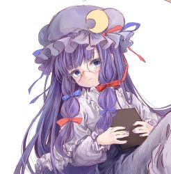 Rule 34 | 1girl, 80isiiii, alternate eye color, blue bow, blue eyes, blue ribbon, blush, book, bow, capelet, closed mouth, collared dress, crescent, crescent hat ornament, double bun, dress, eyes visible through hair, fingernails, frills, glasses, hair bow, hair bun, hat, hat ornament, hat ribbon, highres, long hair, long sleeves, looking to the side, mob cap, nail polish, patchouli knowledge, puffy long sleeves, puffy sleeves, purple capelet, purple dress, purple hair, purple hat, purple nails, red bow, red ribbon, ribbon, simple background, sitting, solo, touhou, white background