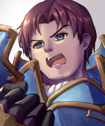 Rule 34 | 1boy, absurdres, armor, blue eyes, clear glass (mildmild1311), clenched hand, fire emblem, fire emblem: new mystery of the emblem, highres, looking at viewer, nintendo, open mouth, purple hair, roger (fire emblem), short hair, solo, upper body