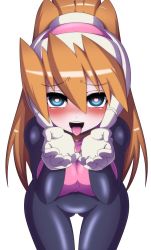 Rule 34 | 1girl, blonde hair, blue eyes, blush, ciel (mega man), cupping hands, gloves, heart, heart-shaped pupils, helmet, mega man (series), mega man zero (series), open mouth, oral invitation, own hands together, ponytail, semikichi, solo, symbol-shaped pupils, tongue, tongue out