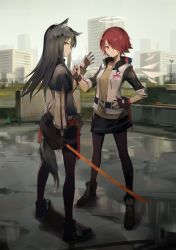 Rule 34 | 2girls, animal ear fluff, animal ears, arknights, black capelet, black hair, black legwear, brown eyes, capelet, commentary, energy wings, exusiai (arknights), fingerless gloves, gloves, hair over one eye, halo, hand on own hip, holding, holding sword, holding weapon, huanxiang heitu, id card, jacket, long hair, long sleeves, looking at viewer, looking back, multiple girls, open clothes, open jacket, pantyhose, raglan sleeves, red hair, short hair, smile, standing, sword, symbol-only commentary, tail, texas (arknights), weapon, white jacket, wolf ears, wolf tail
