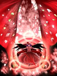 Rule 34 | 1girl, bad id, bad pixiv id, daizu (daizubatake), female focus, hat, highres, outstretched arms, polearm, purple hair, red eyes, remilia scarlet, short hair, solo, spear, spear the gungnir, spell card, spread arms, touhou, weapon, wings