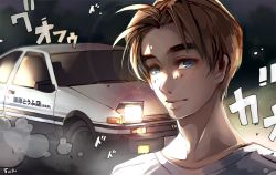 Rule 34 | 1boy, blue eyes, brown hair, car, closed mouth, commentary, english commentary, fujiwara takumi, headlight, initial d, looking at viewer, male focus, motor vehicle, parted bangs, portrait, shirt, short hair, smile, solo, t-shirt, toyota, toyota sprinter trueno, twai, vehicle focus, white shirt