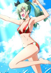 Rule 34 | 1girl, :d, absurdres, anchovy (girls und panzer), armpits, arms up, barefoot, bikini, black ribbon, blue sky, breasts, cleavage, clenched hand, cloud, cloudy sky, commentary, day, diagonal-striped bikini, diagonal-striped clothes, drill hair, feet, foot out of frame, girls und panzer, green hair, hair ribbon, halterneck, highres, leg up, legs, long hair, looking to the side, medium breasts, multicolored bikini, multicolored clothes, navel, omachi (slabco), open mouth, outdoors, red bikini, red eyes, ribbon, sky, smile, solo, splashing, standing, standing on one leg, striped clothes, swimsuit, toes, twin drills, twintails