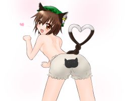 Rule 34 | 1girl, animal ears, bloomers, blush, brown eyes, brown hair, cat ears, cat tail, chen, earrings, fang, flat chest, from behind, hat, heart, heart tail, heart tail duo, highres, insight, jewelry, multiple tails, paw pose, short hair, spoken heart, tail, topless, touhou, underwear