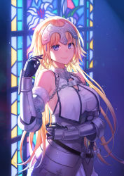 Rule 34 | 1girl, armor, armored dress, backlighting, bare shoulders, blonde hair, breasts, chain, closed mouth, dress, fate/grand order, fate (series), gauntlets, hand up, headpiece, indoors, jeanne d&#039;arc (fate), jeanne d&#039;arc (ruler) (fate), jeanne d&#039;arc (third ascension) (fate), long hair, medium breasts, purple hair, sheath, sheathed, sleeveless, sleeveless dress, smile, solo, stained glass, sword, underbust, upper body, very long hair, weapon, white dress, window, yamigo