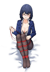 Rule 34 | 1girl, absurdres, bdsm, bed sheet, black bra, black pantyhose, blue hair, blue jacket, bondage, bound, bound ankles, bound legs, bra, breasts, chinese commentary, collarbone, commentary request, feet, glasses, highres, jacket, knees up, large breasts, legs, long sleeves, no shoes, open mouth, original, pantyhose, partially unbuttoned, red-framed eyewear, red rope, rope, semi-rimless eyewear, shibari, shibari over clothes, shirt, sitting, solo, suit jacket, t zhonglang, toenails, toes, under-rim eyewear, underwear, white shirt, yellow eyes