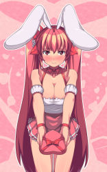 Rule 34 | 1girl, animal ears, bare shoulders, blush, breasts, rabbit ears, cleavage, di gi charat, dice, gift, hair ornament, incoming gift, large breasts, long hair, outstretched hand, red eyes, red hair, saiste, smile, solo, usada hikaru, valentine, very long hair