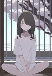 Rule 34 | 1girl, bare shoulders, barefoot, black hair, brown eyes, cherry blossoms, hair over one eye, highres, indian style, long hair, looking at viewer, off shoulder, oissu tiwassu, original, shirt, sitting, smile, solo, t-shirt