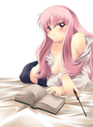 Rule 34 | 00s, 1girl, areola slip, arm support, bed sheet, blush, book, breasts, louise francoise le blanc de la valliere, lying, nanashi (soregashi), nipple slip, nipples, on stomach, open book, open clothes, open shirt, pink eyes, pink hair, reading, shirt, small breasts, solo, thighhighs, wand, zero no tsukaima