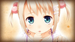 Rule 34 | 1girl, blonde hair, blue eyes, child, game cg, hair bobbles, hair ornament, hairclip, hand to own mouth, highres, imouto no katachi, kodamasawa izumi, looking at viewer, mima chimari, open mouth, short hair, short twintails, solo, sphere (group), twintails