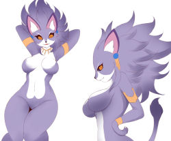 Rule 34 | 1girl, alternate form, animal ears, armlet, ayatori, black sclera, bracelet, breasts, cat ears, cat girl, cat tail, claws, colored sclera, earrings, fangs, furry, highres, isabella (seiken densetsu 3), jewelry, necklace, no nipples, no pussy, purple fur, purple hair, seiken densetsu, seiken densetsu 3, slit pupils, tail, yellow eyes