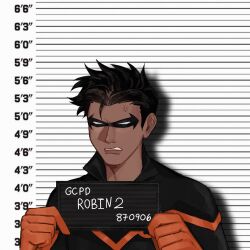 Rule 34 | 1boy, anger vein, angry, batman (series), bodysuit, calladraws1, child, clenched teeth, commentary, damian wayne, dc comics, domino mask, english commentary, english text, gloves, height chart, highres, holding, holding sign, looking at viewer, male focus, mask, mugshot, orange gloves, robin (dc), sign, solo, teeth