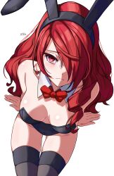 Rule 34 | 1girl, absurdres, animal ears, bare shoulders, blush, bow, bowtie, breasts, detached collar, embarrassed, fake animal ears, from above, frown, hair over one eye, highres, kirijou mitsuru, leotard, long hair, looking at viewer, looking up, medium breasts, persona, persona 3, playboy bunny, rabbit ears, red eyes, red hair, sitting, solo, strapless, strapless leotard, thighhighs, wrist cuffs, x xith x