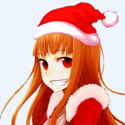 Rule 34 | 1girl, ayakura juu, christmas, hat, highres, holo, long hair, looking at viewer, orange hair, portrait, red eyes, santa hat, smile, solo, spice and wolf, third-party edit