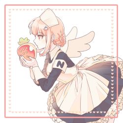 Rule 34 | 1girl, alternate hairstyle, apron, black dress, blunt bangs, braid, brown eyes, commentary request, danganronpa (series), danganronpa 2: goodbye despair, dress, food, frilled dress, frills, from side, fruit, gloves, hair ornament, hairclip, hat, heart, highres, holding, light brown hair, long sleeves, maid headdress, nanami chiaki, nurse cap, open mouth, oversized food, oversized object, smile, solo, strawberry, white apron, white background, wings, yomu (dangan yomu)