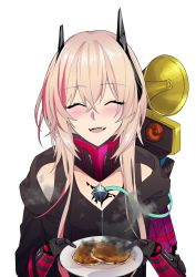 Rule 34 | 1girl, black jacket, blush, closed eyes, dinergate (girls&#039; frontline), food, girls&#039; frontline, highres, holding, holding food, jacket, long hair, m4 sopmod ii (girls&#039; frontline), m4 sopmod ii (mod3) (girls&#039; frontline), mechanical arms, multicolored hair, open mouth, pink hair, simple background, smile, smoke, solo, suprii, white background