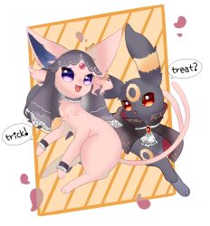 Rule 34 | black fur, choker, creatures (company), espeon, facial mark, fang, forehead jewel, forehead mark, game freak, gem, gen 2 pokemon, headdress, highres, lace, lace choker, looking at viewer, lvli x2, multicolored background, nintendo, pokemon, pokemon (creature), purple eyes, purple fur, red eyes, red gemstone, skin fang, tongue, tongue out, umbreon