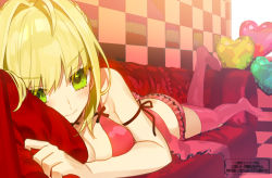 Rule 34 | 1girl, ahoge, akamakoto, ass, babydoll, bare shoulders, blonde hair, blush, braid, breasts, cleavage, couch, fate/extra, fate (series), french braid, green eyes, hair between eyes, hair bun, hair intakes, legs, long hair, looking at viewer, lying, medium breasts, nero claudius (fate), nero claudius (fate) (all), nero claudius (fate/extra), on stomach, red thighhighs, single hair bun, smile, solo, thighhighs