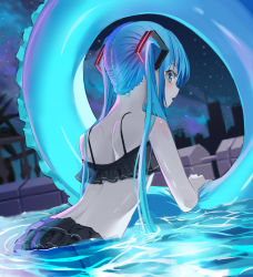 Rule 34 | 1girl, bikini, black bikini, blue eyes, blue hair, city, commentary, facing away, frilled bikini, frills, from behind, hair ornament, hatsune miku, highres, innertube, long hair, looking back, nape, night, night sky, open mouth, outdoors, partially submerged, pool, rerendi, sky, solo, swim ring, swimsuit, twintails, very long hair, vocaloid, water
