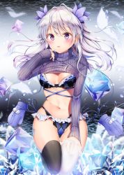 Rule 34 | 1girl, ahoge, asymmetrical legwear, black thighhighs, blue bra, blue panties, blush, bra, breasts, cameltoe, cleavage, clothes lift, crystal, floating hair, frills, glint, hair ornament, hand up, highres, lace, lace-trimmed legwear, lace trim, leg up, lingerie, long hair, long sleeves, looking at viewer, medium breasts, mismatched legwear, mittens, navel, no pants, original, panties, parted lips, purple eyes, ribbed sweater, side-tie panties, silver hair, skindentation, solo, stomach, sweater, sweater lift, thighhighs, thighs, turtleneck, turtleneck sweater, underwear, white thighhighs, yoshida iyo