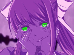 Rule 34 | 1girl, artist request, blush, closed mouth, collared shirt, doki doki literature club, gasai yuno, green eyes, hair ribbon, hands on own face, hands up, jacket, long hair, looking at viewer, mirai nikki, monika (doki doki literature club), monochrome, purple theme, ribbon, school uniform, shirt, smile, solo, source request, spot color, yandere, yandere trance