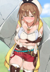 Rule 34 | 1girl, atelier (series), atelier ryza, atelier ryza 1, bare shoulders, belt, beret, blue sky, blush, breasts, brown eyes, brown gloves, brown hair, cleavage, clenched teeth, cloud, collarbone, crossed arms, day, embarrassed, female focus, gloves, grass, hair ornament, hairclip, half-closed eyes, hat, highres, jewelry, large breasts, looking at viewer, maanii, matching hair/eyes, necklace, nose blush, off shoulder, outdoors, pee, peeing, peeing self, red shorts, reisalin stout, shiny skin, shirt, short shorts, shorts, single glove, skindentation, sky, solo, spaghetti strap, standing, star (symbol), steam, tears, teeth, thighhighs, thighs, wet, wet clothes, white hat, white shirt, white thighhighs