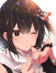 Rule 34 | 1girl, bad id, bad twitter id, blurry, brown eyes, brown hair, depth of field, hair between eyes, hair ornament, heart, heart-shaped pupils, kantai collection, looking at viewer, rinto (rint rnt), sendai (kancolle), sendai kai ni (kancolle), short hair, simple background, solo, symbol-shaped pupils, two side up, upper body, white background