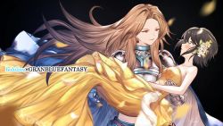 Rule 34 | 2girls, armor, bare shoulders, black background, black hair, blue cape, blue eyes, blush, brown hair, cape, carrying, copyright name, crossover, dress, earrings, eye contact, flower, gauntlets, granblue fantasy, hair flower, hair ornament, highres, hololive, jewelry, katalina (granblue fantasy), long hair, looking at another, mugen kageno, multiple girls, oozora subaru, princess carry, red eyes, short hair, simple background, very long hair, virtual youtuber, yellow dress, yuri