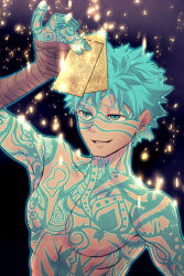 Rule 34 | 1boy, angra mainyu (fate), angra mainyu (third ascension) (fate), black background, blue eyes, blue hair, collarbone, fate/grand order, fate (series), full-body tattoo, holding, jitome, kassan (kassan 5a), light particles, male focus, messy hair, pectorals, smile, smug, solo, summon ticket (fate), tattoo, topless male, upper body