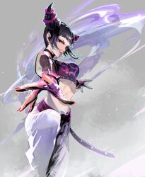 Rule 34 | 1girl, aura, bare shoulders, belt, blunt bangs, bracelet, cofffee, crop top, detached sleeves, fingerless gloves, from side, gloves, hair horns, han juri, highres, hime cut, jewelry, looking at viewer, midriff, nail polish, pants, sideways glance, smile, solo, spiked bracelet, spikes, standing, standing on one leg, street fighter, street fighter v, toned female, white pants