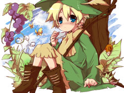 Rule 34 | 1boy, blonde hair, blue eyes, boots, bug, butterfly, food, fruit, grapes, harmonica, hat, hekicha, bug, instrument, kagamine len, male focus, nature, outdoors, short hair, sitting, sky, snail, solo, vocaloid