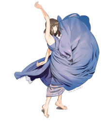 Rule 34 | 1girl, :d, arm behind back, arm up, armpits, bare arms, bare shoulders, barefoot, black eyes, blue dress, brown hair, dancing, dress, full body, long dress, open mouth, original, short hair, signature, simple background, smile, solo, standing, tiptoes, umishima senbon, white background, wind, wind lift