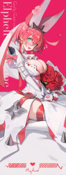 Rule 34 | 1girl, absurdres, aqua eyes, blush, bob cut, bouquet, bow, breasts, character name, cleavage, commentary, copyright name, dress, elphelt valentine, flower, flying sweatdrops, gloves, guilty gear, guilty gear xrd, hair between eyes, heart, highres, incredibly absurdres, large breasts, long bangs, looking at viewer, open mouth, pink background, pink bow, pink hair, red flower, red gloves, red rose, rose, smile, solo, ssr (azmr2828), sweatdrop, symbol-only commentary, thighhighs, thighs, white dress, white gloves, white thighhighs
