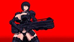 Rule 34 | 1girl, akiranime, animated, animated gif, ankh, ankh zipper, assault rifle, black eyes, black hair, black panties, black thighhighs, blue fire, blunt bangs, bob cut, bouncing breasts, breasts, bursting breasts, casing ejection, cleavage, cleavage cutout, cleopatra (akiranime), clothing cutout, collar, female focus, fire, firing, gloves, gluteal fold, gun, highres, holding, huge breasts, jiggle, lace, lace-trimmed legwear, lace-trimmed panties, lace panties, lace trim, lingerie, machine gun, muzzle flash, narrow waist, open clothes, original, panties, revealing clothes, rifle, shell casing, short hair, solo, thigh gap, thighhighs, underwear, unzipped, upper body, weapon, white fire, zipper