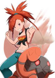 Rule 34 | 1girl, bad id, bad pixiv id, black shirt, breasts, cleavage, clenched hands, collarbone, commentary request, creatures (company), flannery (pokemon), game freak, gen 3 pokemon, green pants, grin, gym leader, hair tie, high ponytail, highres, long hair, looking at viewer, medium breasts, midriff, navel, nintendo, pants, pokemon, pokemon (creature), pokemon masters ex, pokemon oras, ponytail, red eyes, red hair, sekiro (skr-2029), shirt, sleeveless, sleeveless shirt, smile, standing, strapless, swept bangs, tied shirt, torkoal, tube top, w arms, white background