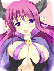 Rule 34 | 1girl, blush, grabbing another&#039;s breast, breasts, cloak, demon girl, disgaea, grabbing, heart, heart-shaped pupils, highres, horns, huge breasts, long hair, looking at viewer, luxuria, makai senki disgaea, open mouth, out of frame, pointy ears, portrait, pov, purple eyes, purple hair, saliva, solo focus, demon girl, succubus (disgaea), symbol-shaped pupils