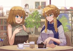 Rule 34 | 2boys, 6+girls, alternate costume, artoria pendragon (fate), artoria pendragon (lancer) (fate), blonde hair, blue eyes, blue nails, blush, bookshelf, braid, breasts, brown hair, cafe, cake, cape, casual, chair, chalkboard sign, character request, coffee cup, commentary request, contemporary, cup, disposable cup, fate/grand order, fate (series), food, french braid, fujimaru ritsuka (female), fujimaru ritsuka (male), green eyes, grey hair, hand on own chest, indoors, janoukyo19, jar, jeanne d&#039;arc (fate), jeanne d&#039;arc (ruler) (fate), jeanne d&#039;arc alter (fate), jeanne d&#039;arc alter (ver. shinjuku 1999) (fate), jeanne d&#039;arc alter santa lily (fate), large breasts, leaf, long braid, long hair, looking at another, menu board, multiple boys, multiple girls, nail polish, official alternate costume, plant, potted plant, purple hair, red eyes, restaurant, saber alter (ver. shinjuku 1999) (fate), saint quartz (fate), saucer, scarf, short hair, short hair with long locks, sidelocks, sitting, sleeveless, sleeveless sweater, smile, sunglasses, sweater, table, tsurime, very long hair, waiter, white nails